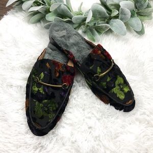 Gunmetal Black Floral Mules